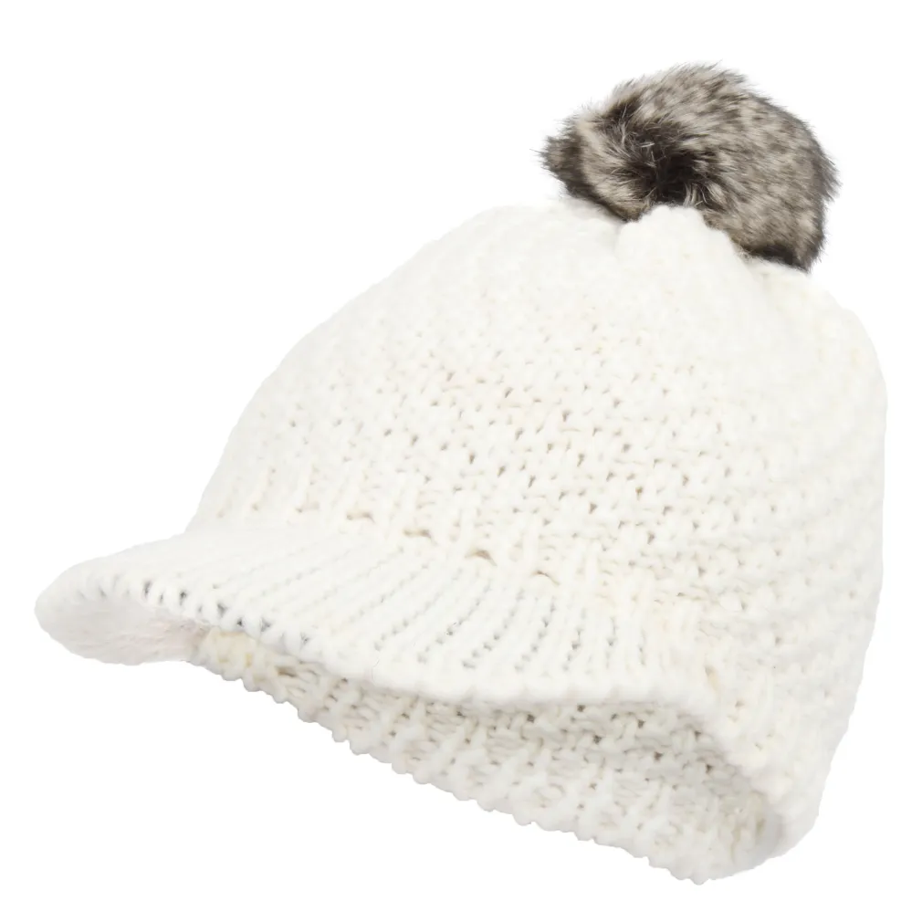 W325A White Haker Women'S Winter Hat With Knitwear Original Design With Visor And Pompon