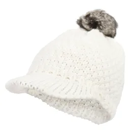 W325A Biała Haker damska zimowa czapka z dzianiny oryginalny design z daszkiem i pomponem