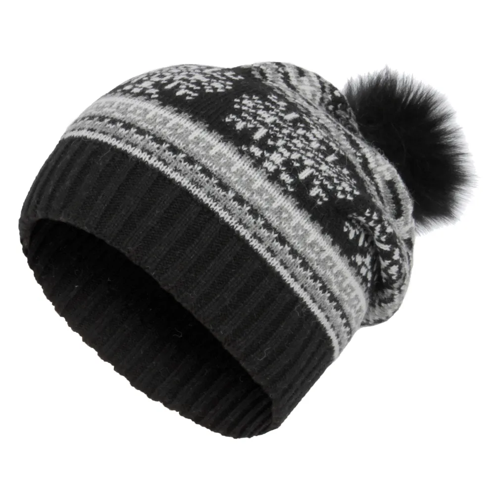 W321C Czarna Polar Fashion ciepła czapka zimowa beanie oryginalny design motyw śnieżki pompon