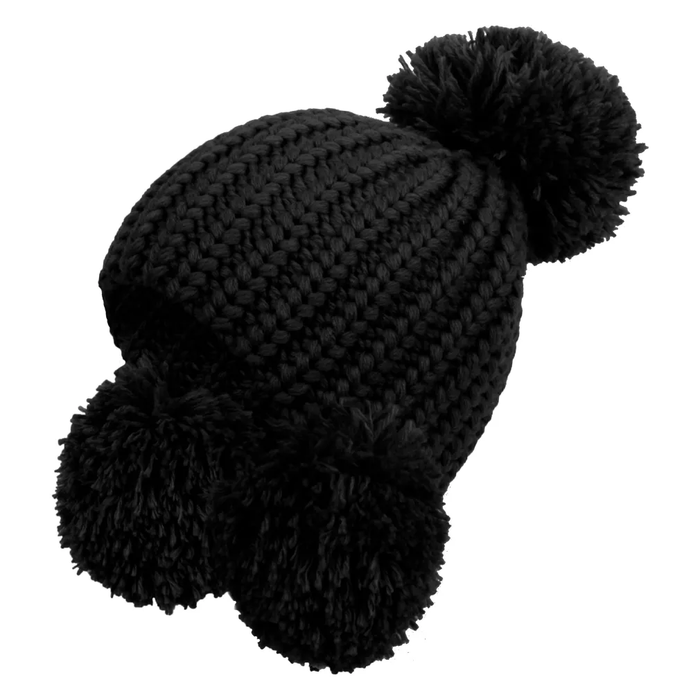 W229J Black Warm Knitted Winter Hat With Decorative Pom-Poms