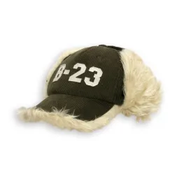 W54B Green Warm Eared Winter Hat With Visor Insulated With Acrylic Fur Fastened At The Neck