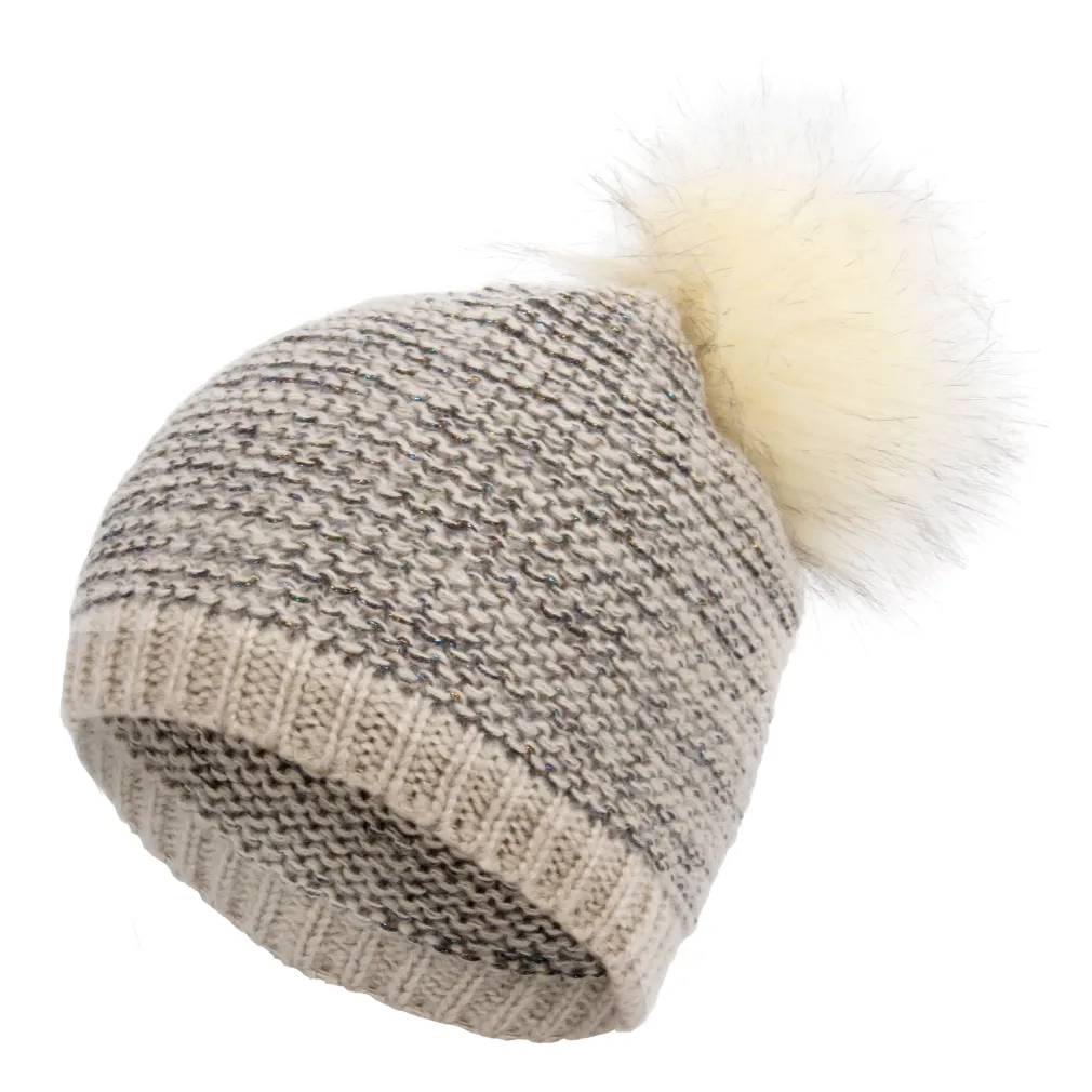 W323A Beige Haker Beanie Women'S Winter Hat With Knitwear Original Design With Pompon And Shiny Thread