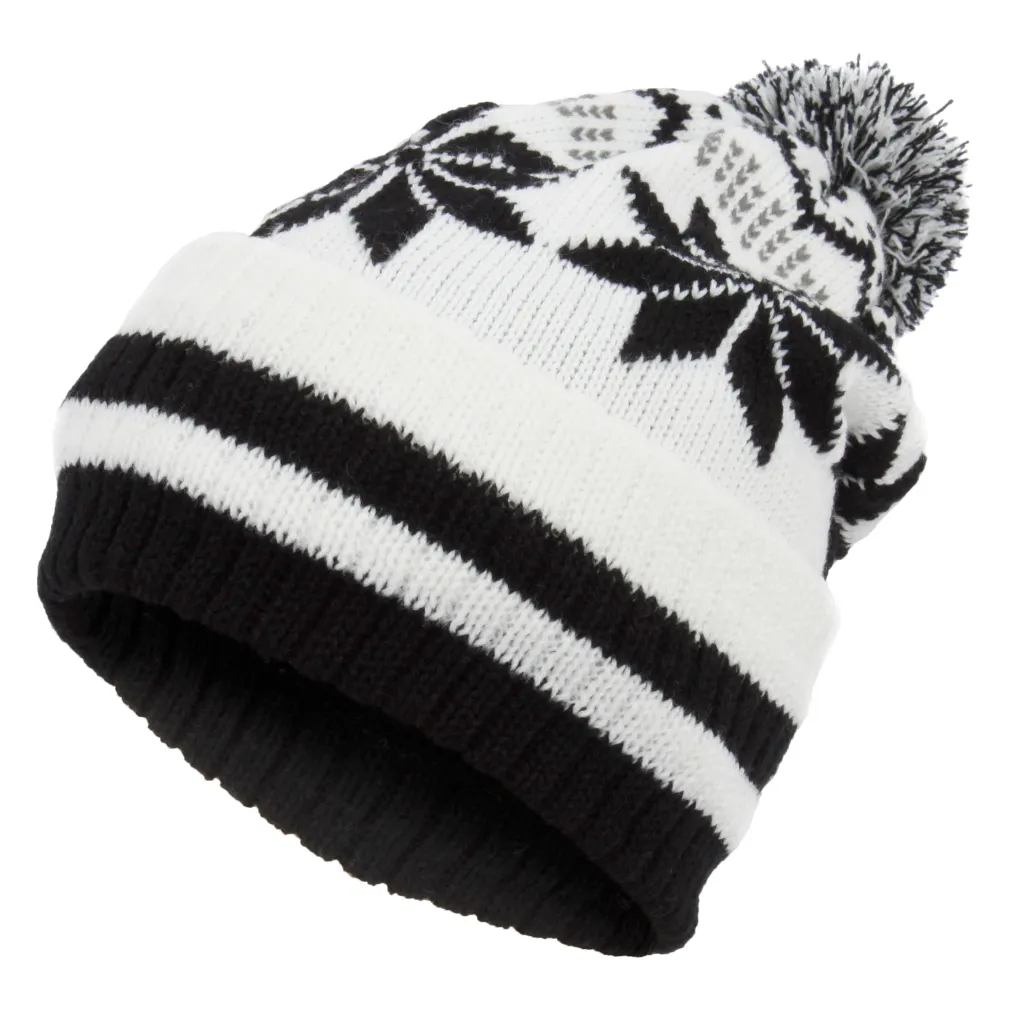 W330A Biało-czarna Haker ciepła czapka zimowa wykonana z dzianiny wywijana beanie oryginalny design motyw śnieżki pompon