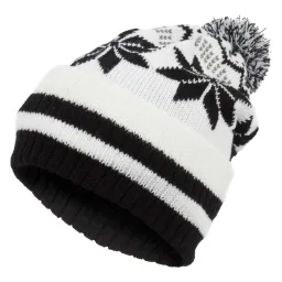 W330A White-Black Haker Warm Winter Hat Made With Knitted Beanie Original Design Snowflake Pompom Motif.