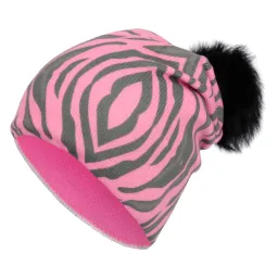 W258D Pink A Warm Winter Hat Zebra With Fleece Pompon With Rabbit Fur