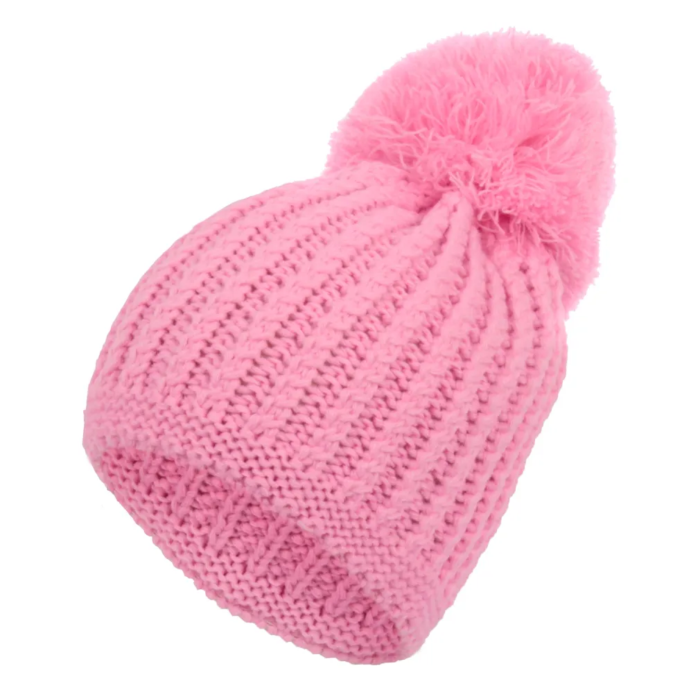 W219D Pink Warm Winter Hat With Knitted With Big Pompon