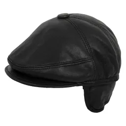 K208A Leather Black Men'S Flat Cap With Neck And Ear Protection