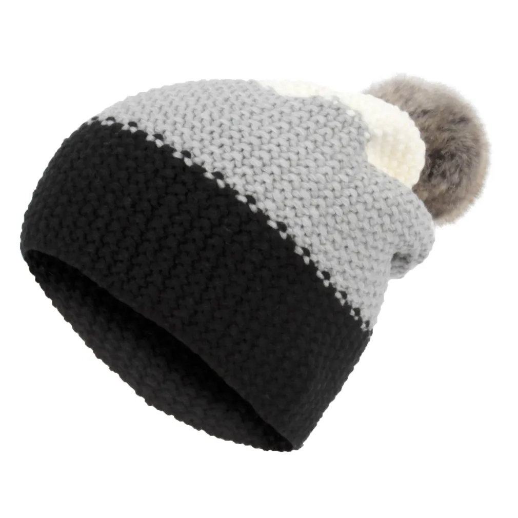 W328E White-Grey-Black Warm Winter Hat Beanie Type Dwarf Smurf With Pompon And Three-Color Stripes Haker