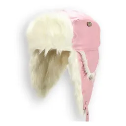 W14E Pink Waterproof Warm Eared Winter Hat Made Of Eco Shiny Leather