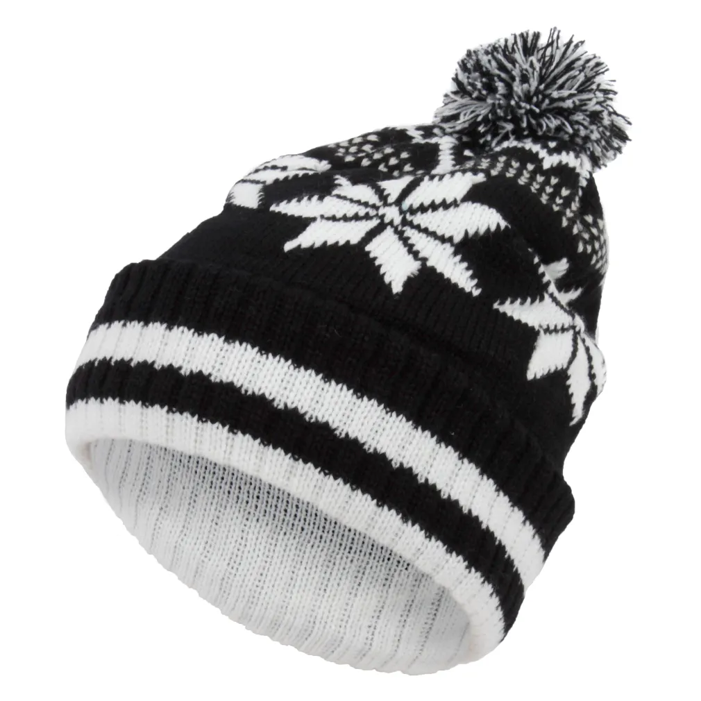 W330D Black-White Haker Warm Winter Hat Made With Knitted Beanie Original Design Snowflake Pompom Motif.