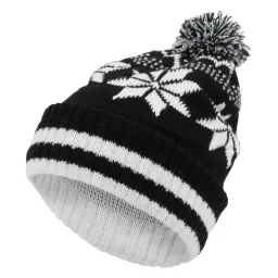 W330D Czarno-biała Haker ciepła czapka zimowa wykonana z dzianiny wywijana beanie oryginalny design motyw śnieżki pompon