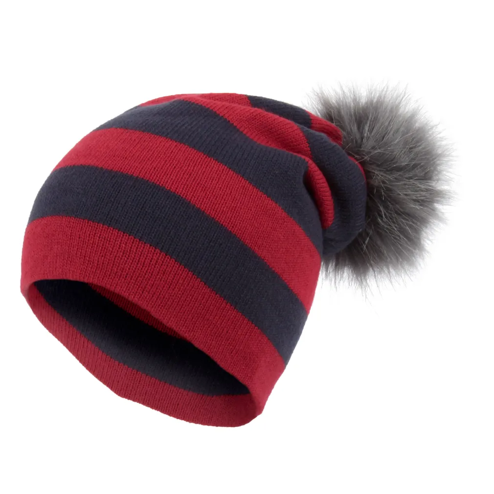 W333E Czerwono-granatowa Najmodniejsze pasy Haker beanie damska czapka z dzianiny oryginalny design pompon