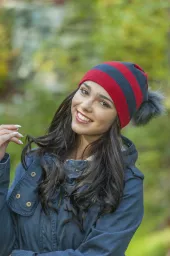 W333E Red-Navy Most Fashionable Haker Beanie Women'S Hat With Knitted Original Design Pompon