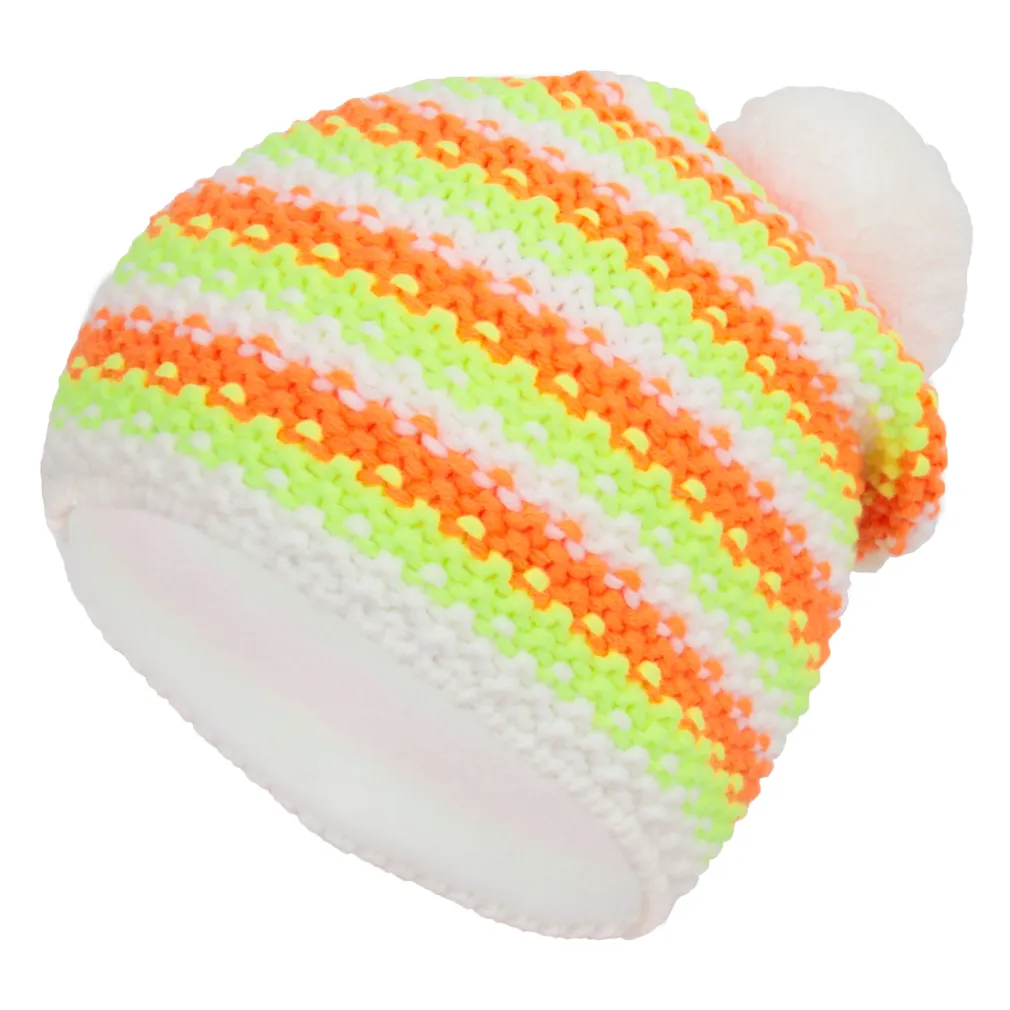 W262A - Orange Lime Warm Winter Hat Knitted Colored Stripes