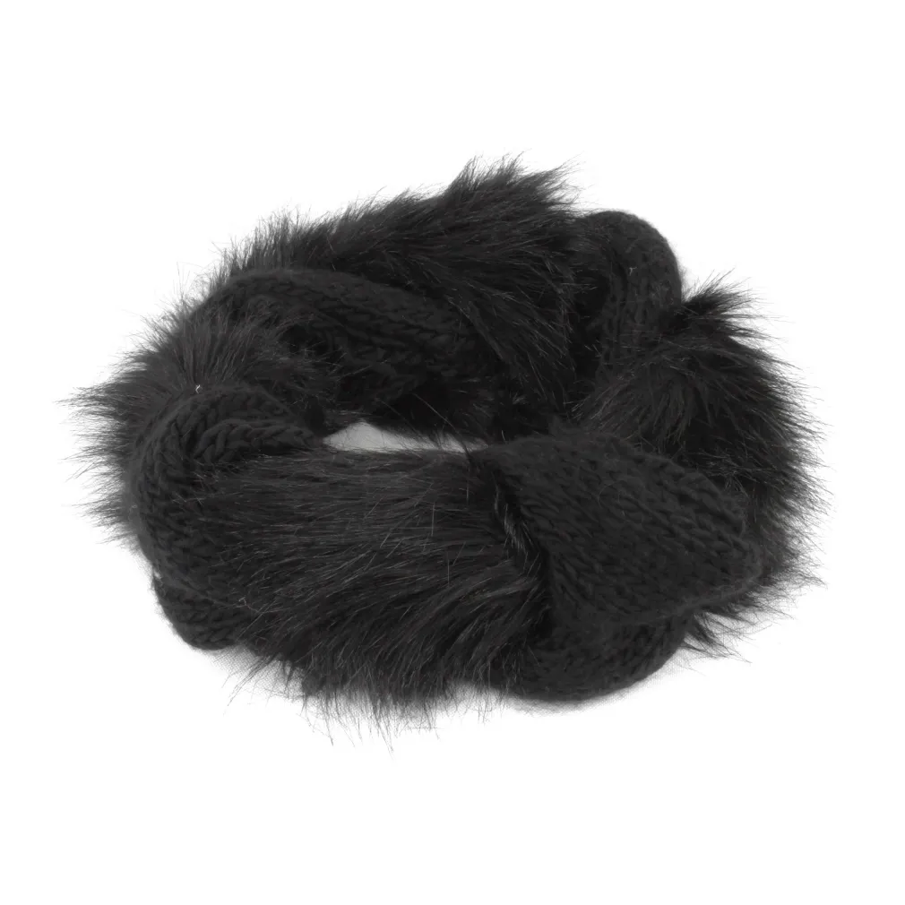 W239E Black Women'S Winter Scarf Knitted With Soft Fur Trim