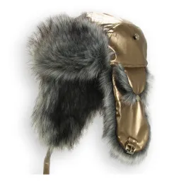 W14C Gold Waterproof Warm Eared Winter Hat Made Of Eco Shiny Leather