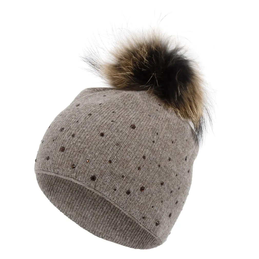 W320F Brown Polar Fashion Winter Hat Elegantly Made With Cashmere Cotton Pompon With Jenot.