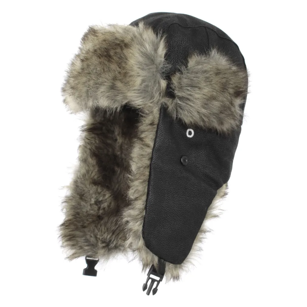 W180A This Is A Black Winter Hat Made With Eco Leather And Fur, And It Has Ears For Extra Warmth