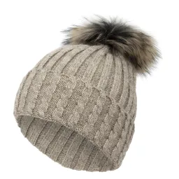 W401A Beige Women'S Knitted Winter Hat With A Pompom