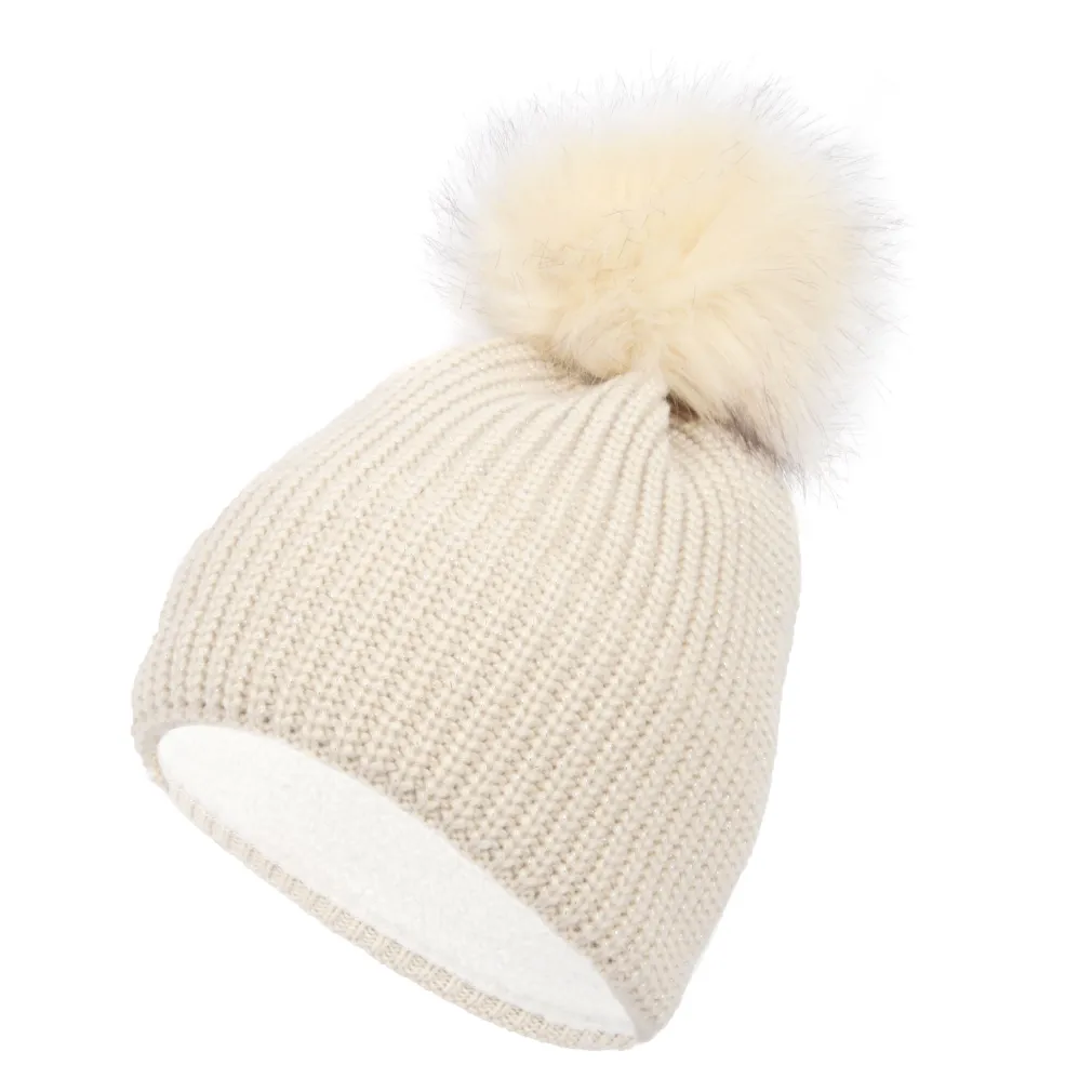 W318B Beżowa Polar Fashion czapka zimowa z pomponem ocieplana beanie oryginalny design