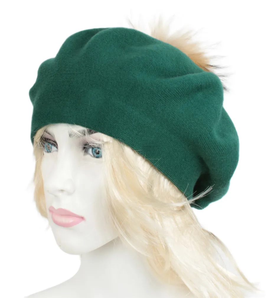 W503F Zielony  Beret damski z Naturalnym pomponem