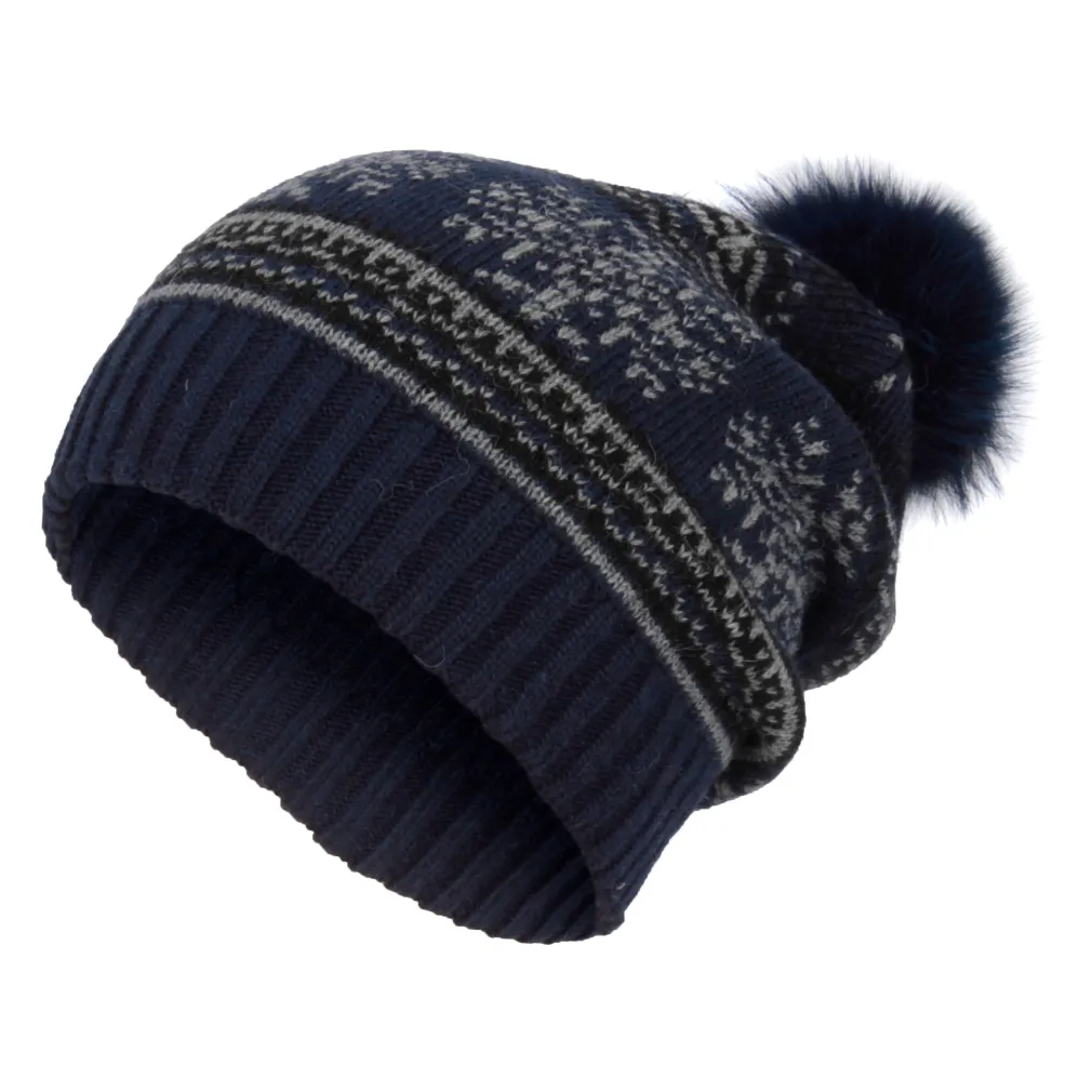 W321D Granatowa Polar Fashion ciepła czapka zimowa beanie oryginalny design motyw śnieżki pompon