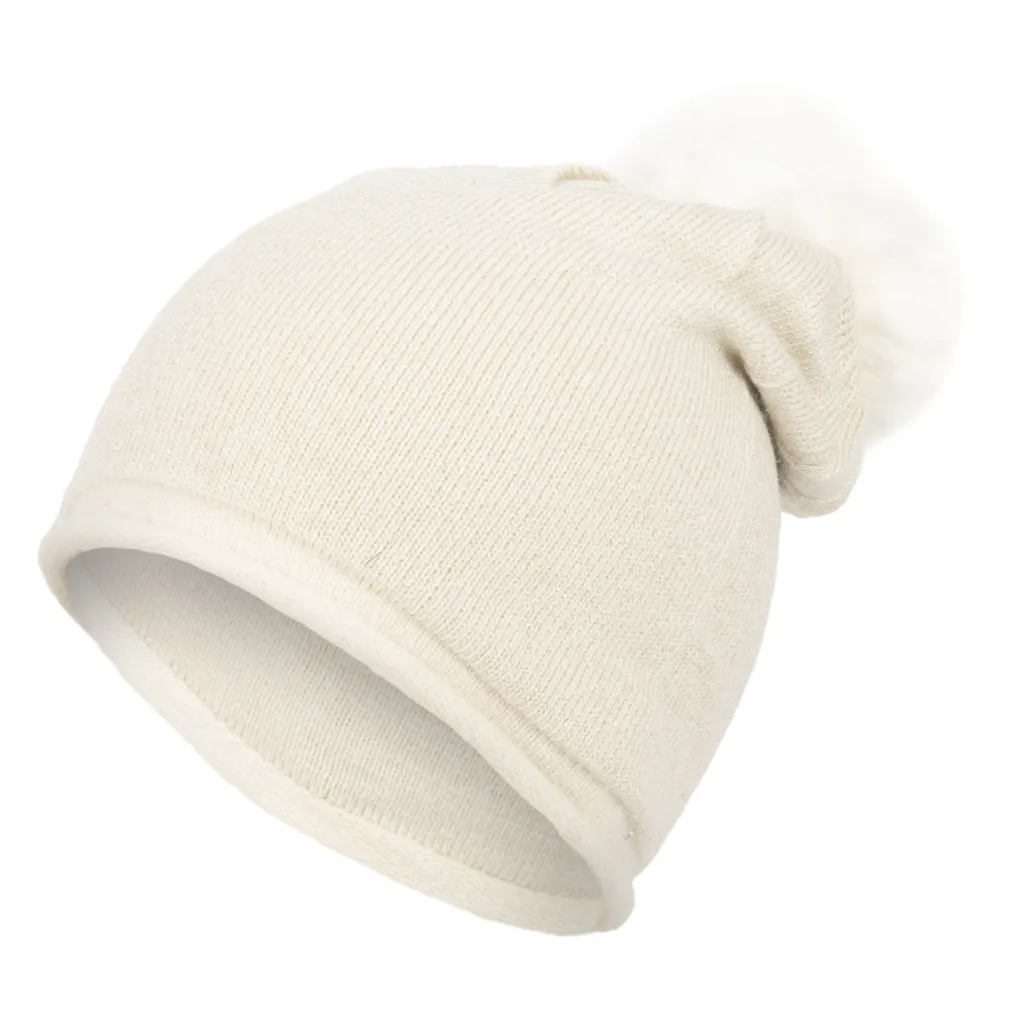 W411B Ecru Shiny Ribbon Polar Fashion Winter Hat Elegant With Cashmere Shiny Pompon With Rabbit