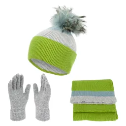W453A Damski zimowy komplet zielono-szary czapka szalik rękawiczki