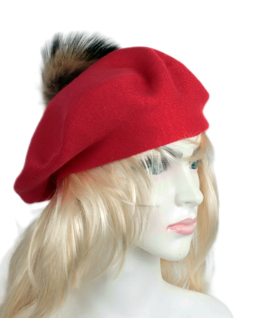 W503E Czerwony  Beret damski z Naturalnym pomponem