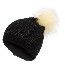 W323C Czarna Haker beanie damska zimowa czapka z dzianiny oryginalny design z pomponem błyszcząca nitka