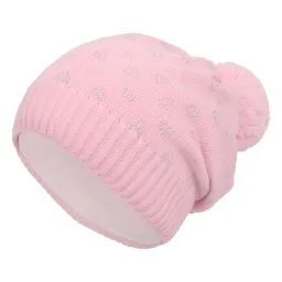 W253C Pink Warm Winter Hat Women'S With Pompon Heart With Rhinestones