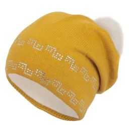 W254D Yellow Warm Winter Hat With Pompon With Rabbit Fur And Rhinestones