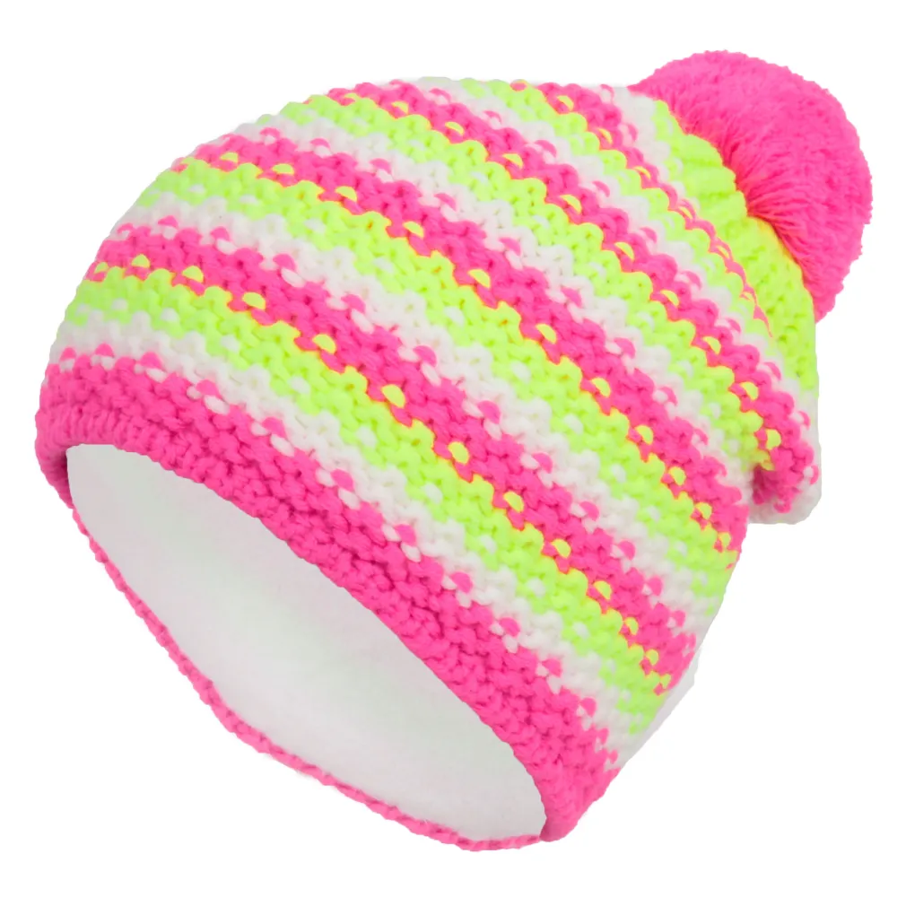 W262D - Pink Lime Warm Winter Hat Knitted Colored Stripes