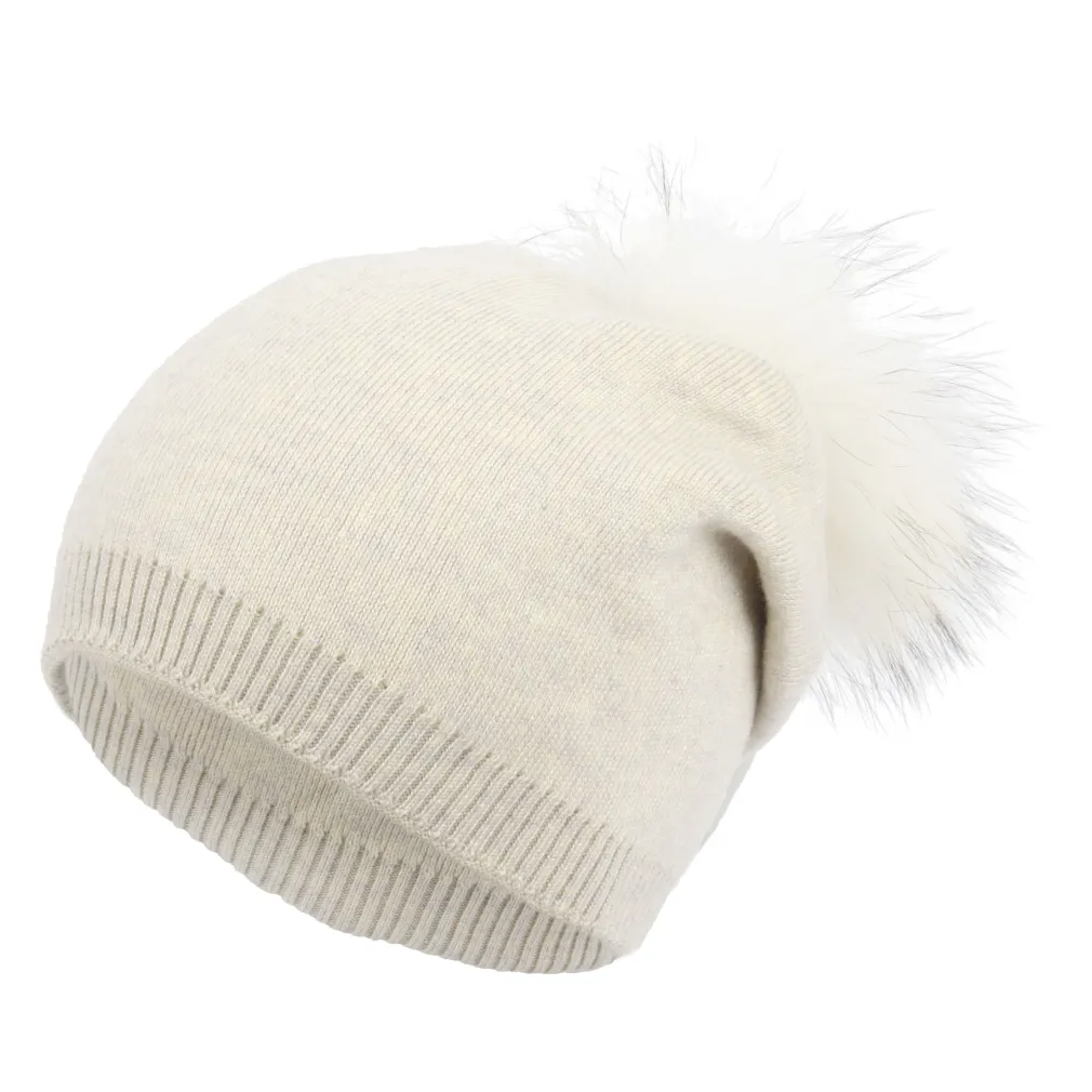 W317A Kremowa Polar Fashion czapka zimowa beanie wykonana z kaszmiru bawełny pompon z jenota