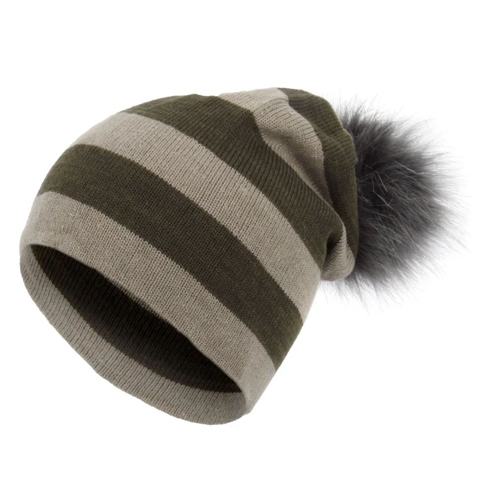 Weed Beige-Khaki Most Fashionable Stripes Haker Beanie Women'S Hat With Knitted Original Design Pompon