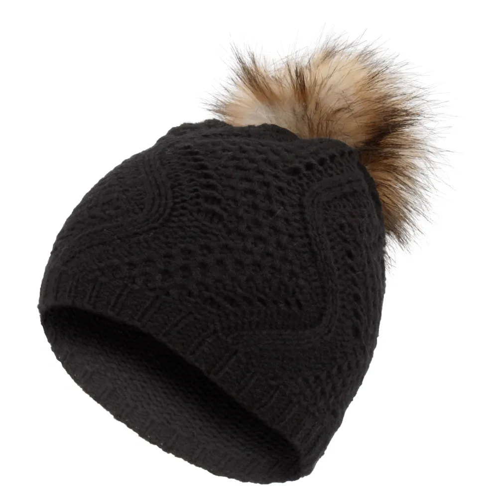 W315C Black Haker Beanie Women'S Hat With Knitted Original Design Pompon