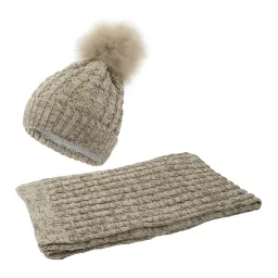 W364Bk Beige Haker Women'S Winter Set Knitted Hat With Scarf