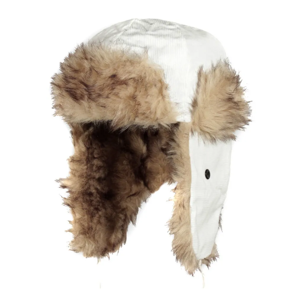 W83A White Warm Corduroy Winter Hat Earflap Fastened At The Neck