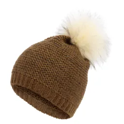 W323B Brązowa Haker beanie damska zimowa czapka z dzianiny oryginalny design z pomponem błyszcząca nitka