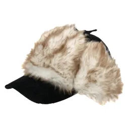 W55C Black Warm Eared Winter Hat With Visor Insulated With Acrylic Fur Fastened At The Neck