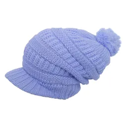 W75D Blue A Warm Winter Hat Knitted With Visor And Pompon Dwarf Smurfette Type