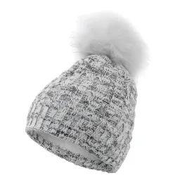 W364AC Szara Haker damska zimowa czapka z dzianiny z pomponem