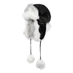 W226A Black Women'S Warm Winter Hat Eared Winter Hat With Neck Tie