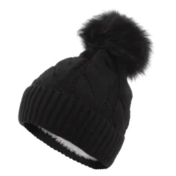 W363DC Czarna Haker damska zimowa czapka z dzianiny z pomponem ocieplona polarem