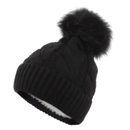 W363Dc Black Haker Women'S Winter Hat With Knitwear And Pompon, Insulated With Fleece