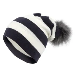 W333A White-Navy Most Fashionable Haker Beanie Women'S Hat With Knitted Original Design Pompon