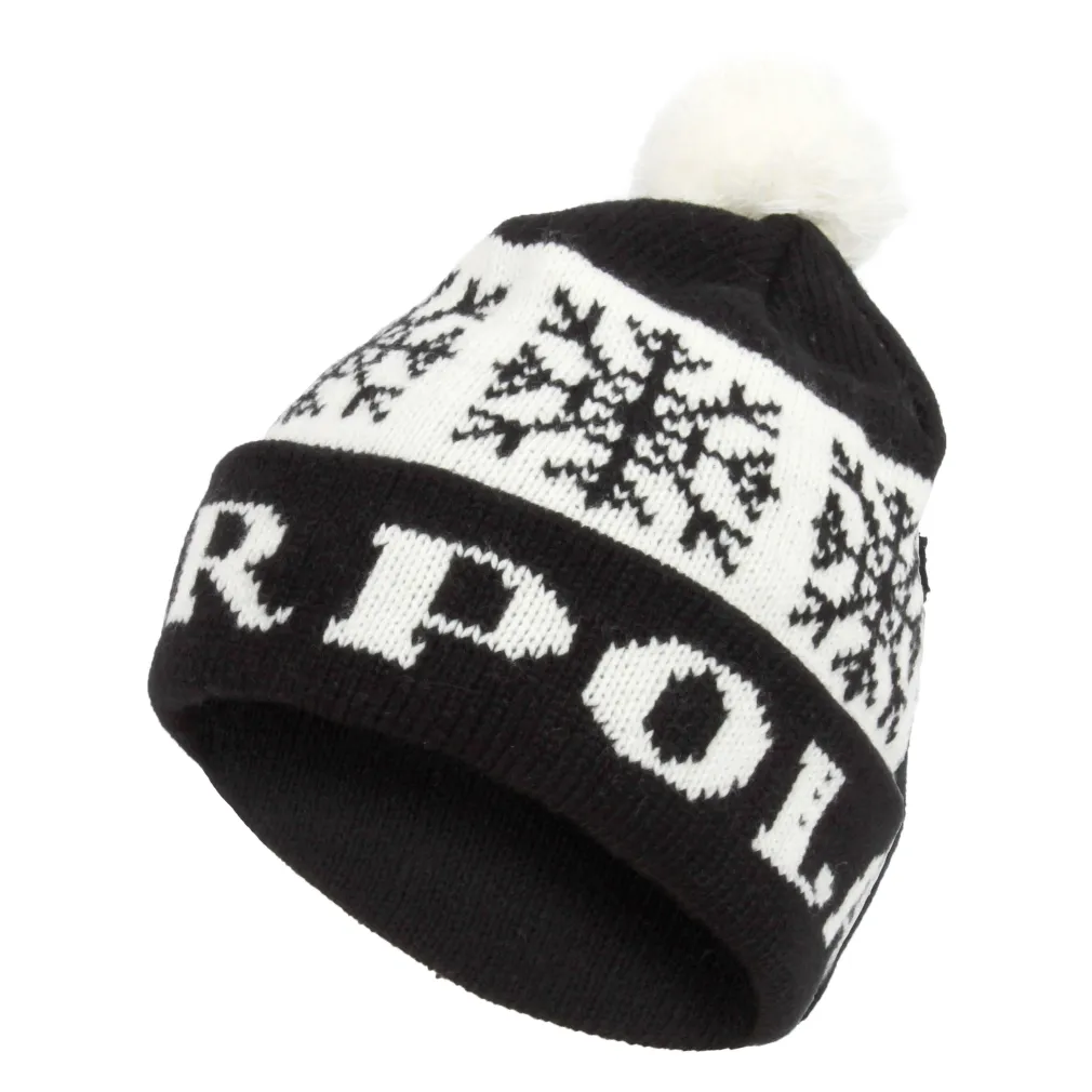 W329D Black Polar Fashion Knitted Winter Hat Beanie Long Snowflake With Pompon