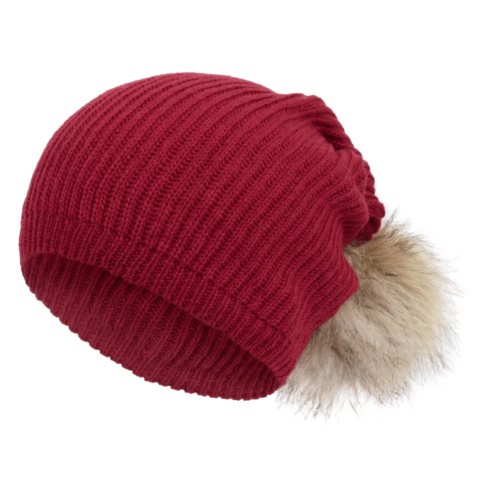 W332D Red Haker Beanie Long Women'S Hat With Knitted Original Design Pompon