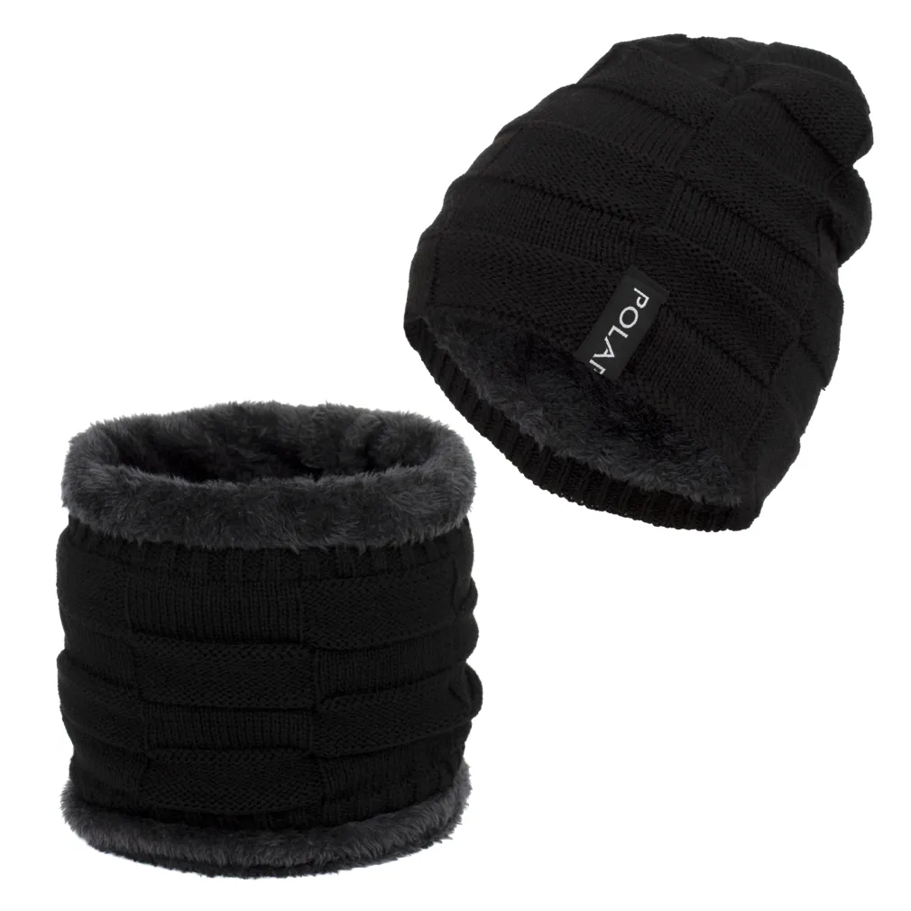 W394A Czarny Ciepły zimowy komplet czapka i komin z futerkiem polarowym Polar Fashion®